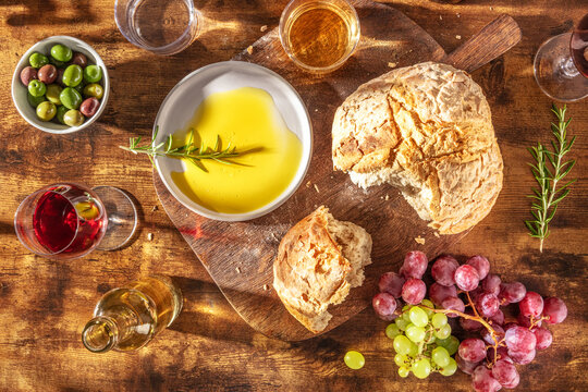 Rustic Mediterranean bread with wine, olive and grape spread