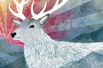 Naklejka premium Stylized white reindeer with antlers in abstract mountain landscape