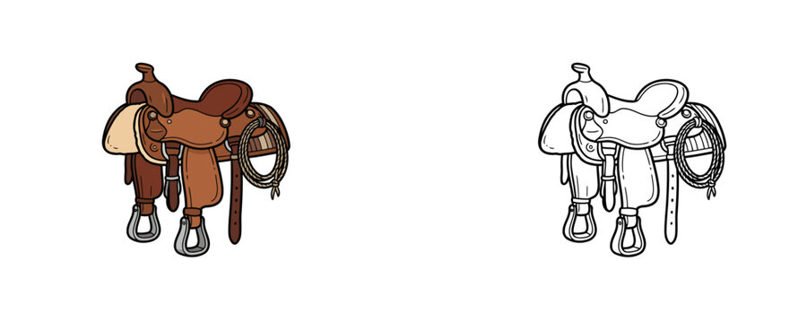 Leather cowboy horse saddle with stirrups and rope in flat colored cartoon and black line style isolated on white background for western equestrian equipment