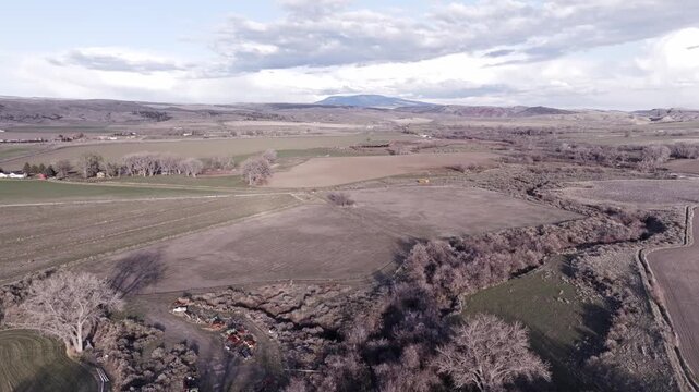 Aerial View of Agricultural Fields and Farms on the Rural Plains of Bridger, Montana