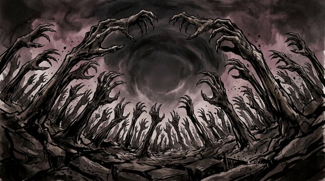 Halloween Zombie Hands Reaching From Ground Dark Fantasy Background
