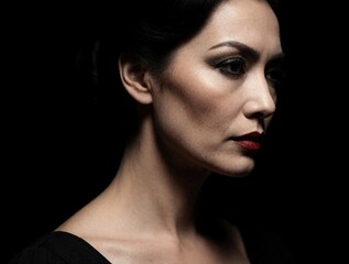 Fototapeta premium Woman profile portrait looks serious against black background. Elegant lady with red lips, smooth skin poses in dark shadows. Beauty concept for wellness spa skin care fashion brands. Mature female