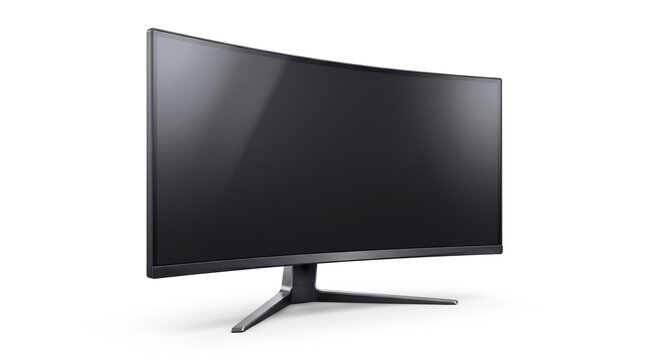 Curved black computer monitor isolated on white background with stand with electronics technology multimedia peripheral reflection futuristic resolution widescreen