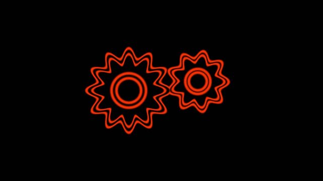 Abstract 4K industrial animation featuring glowing orange yellow neon mechanical gears rotating and jamming with fiery sparks on a dark black background in a seamless loop for digital motion.