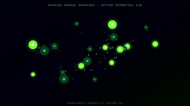 A dynamic simulation showing a neural network diagram with glowing green nodes pulsing and transmitting signals to represent deep learning and brain activity.