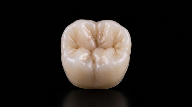 Macro studio shot ceramic molar dental crown prosthetic isolated against solid deep black background with displays highly detailed prosthodontics biocompatible with professional