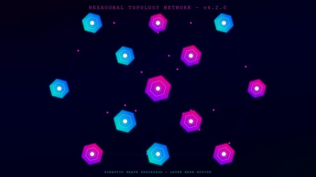 This futuristic neural network diagram pulses with glowing cyan and magenta nodes representing active data transmission across a synaptic mesh processor loop