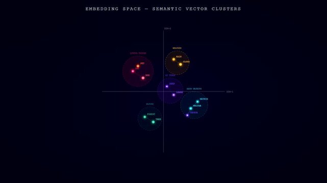 An animated neural network diagram progressively displays colorful semantic vector clusters in a dark virtual embedding space representing machine learning processes.
