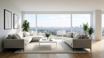 Fototapeta premium Modern apartment living room features sectional sofa, coffee table, plants, and large window with city view. Minimalist decor, bright natural light, and clean design create spacious, comfortable home.