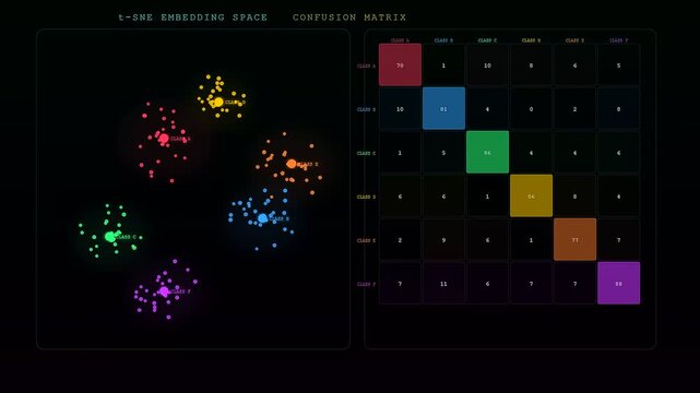A digital neural network diagram visualizing dynamic data clustering alongside an updating confusion matrix for machine learning classification in a sleek interface.