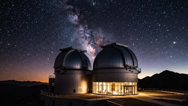 Exterior view of a large astronomical observatory featuring two white dome structures housing professional telescopes for space research, celestial mapping and star tracking.