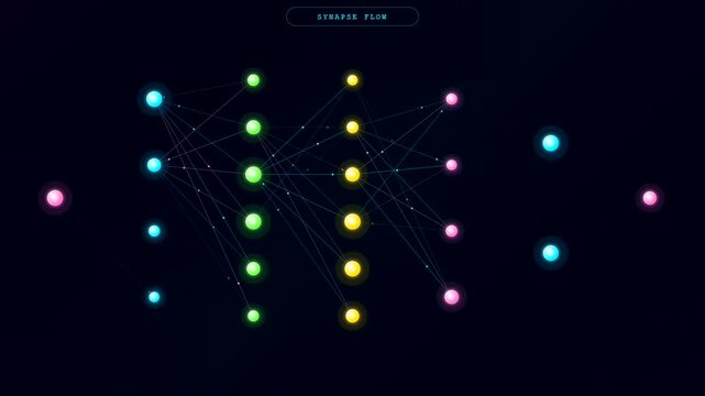 Glowing nodes in a dynamic neural network diagram show data packets flowing along bright digital synapses in a dark virtual space.