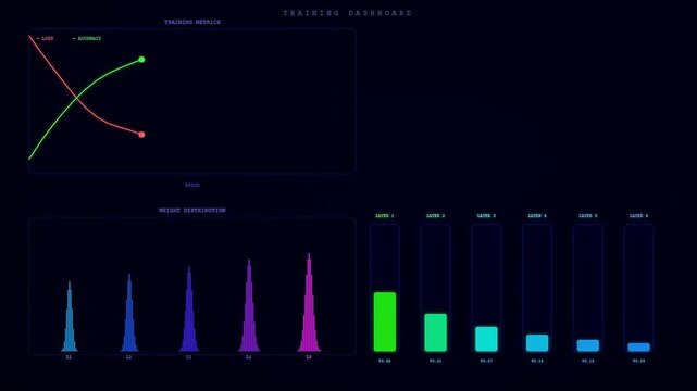 An animated neural network diagram visualizes machine learning training progress with fluctuating loss curves, rising accuracy levels, and dynamic weight distribution histograms.