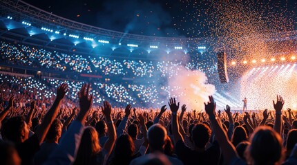 Obraz premium Huge crowd cheers during electric concert at stadium night. People wave hands enjoying live music show with stage lights plus confetti falling. Fans feel excitement at massive outdoor festival