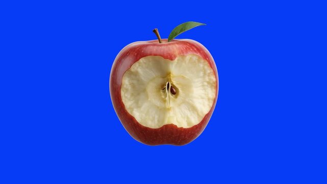 A ripe red apple with a large bite mark and green leaf floats against a bright blue screen background. Ideal for health food concepts, diet advertising, and VFX keying.