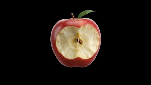 High-contrast 3D model of a ripe red apple with a bite mark, isolated against a solid pitch-black background. Ideal for cinematic commercials, dramatic food visual effects, dark-themed promo videos, n