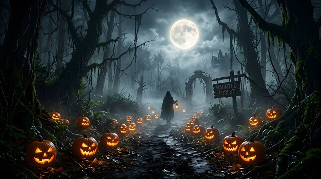 Halloween night scene with glowing pumpkins in a haunted forest, foggy atmosphere, full moon in the background, cinematic lighting, realistic fantasy style, 8k resolution