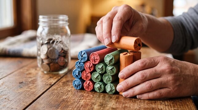 Detailed close-up of adult hands carefully engaged in coin wrapper paper rolls stacking on a rustic wooden table in warm ambient light for financial planning concept