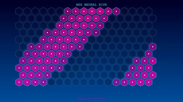 A futuristic neural network diagram pulses with pink light as data signals flash across a dark blue hexagonal grid in a seamless loop.