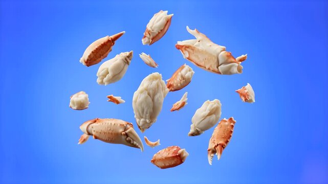 Delicious pieces of cooked crab meat and crab claws falling in mid-air against a smooth blue studio backdrop. Great for seafood brand advertisements, culinary presentation graphics, recipe promos, and