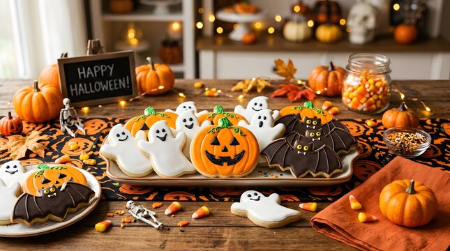 Halloween cookies decorated as ghosts, pumpkins and bats on a festive table, colorful icing, bakery style photography, high resolution
