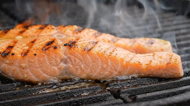 Fresh Salmon Fillet Grilling on Hot BBQ Grill with Smoke