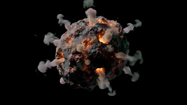 A detailed 3D gaseous asteroid emitting hot embers and dense smoke plumes as it travels through space against a black background. Ideal for sci-fi animations, astronomy documentaries, and deep space d