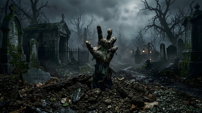 Zombie hand emerging from the ground on Halloween night, foggy cemetery background, cinematic horror scene, realistic special effects