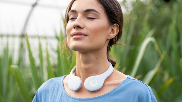 Woman wearing vagus nerve stimulation device outdoors, wearable wellness technology, nervous system regulation, vagal tone support, stress management, biohacking routine, calm lifestyle