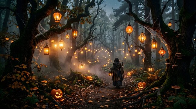 Mystical Halloween forest with glowing lanterns, fog, ancient trees and magical atmosphere, cinematic fantasy photography
