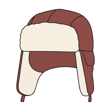 Simple line art of a cozy winter trapper hat with ear flaps, isolated on a white background. Winter warmth concept