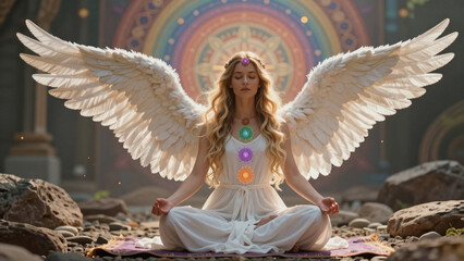 Obraz premium Serene Angel with Wings Meditating in Sacred Geometry Ruins