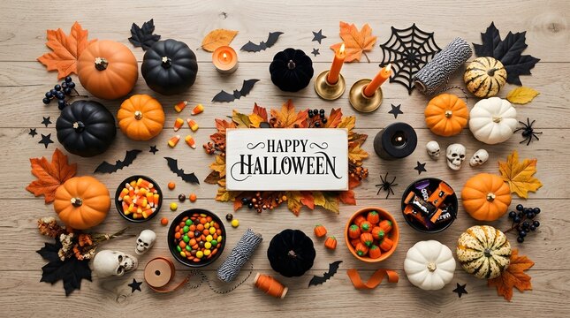 Halloween flat lay composition with orange pumpkins, black decorations, candy, leaves and candles, top view, clean commercial design