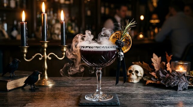 Luxury Halloween cocktail with dark colors, smoke effect, spooky decorations and candlelight, professional beverage photography