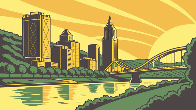 Stylized pittsburgh city skyline and bridge under a warm sun