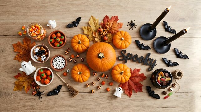 Halloween flat lay composition with orange pumpkins, black decorations, candy, leaves and candles, top view, clean commercial design