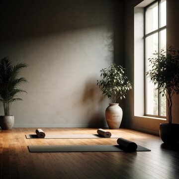 Modern empty yoga studio interior with wooden floor, grey walls. Large window lets natural light illuminate space. Potted green plants, rolled mats wait for morning workout session. Calm wellness