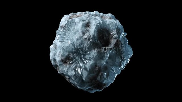 High-contrast 3D model of a frozen ice asteroid meteorite covered in craters and frost, isolated against a solid pitch-black background. Excellent for space documentaries, sci-fi movie VFX compositing