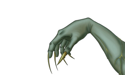 Zombie green hand with sharp claws reaching out on spooky, on isolated transparent background.