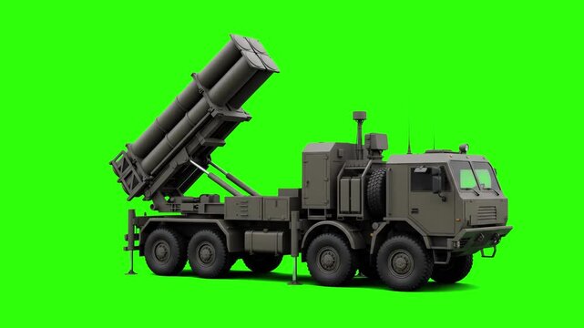 Realistic 3D model of a heavy military multiple launch rocket system (MLRS) truck with raised launcher tubes, isolated on a bright green screen chroma key background. Ideal for tactical warfare scenes