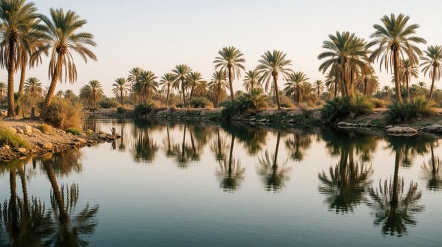 Palm trees line calm river reflecting clear sky. Arid land meets tranquil water on sunny day. Oasis scene with lush green plants and still water surface.