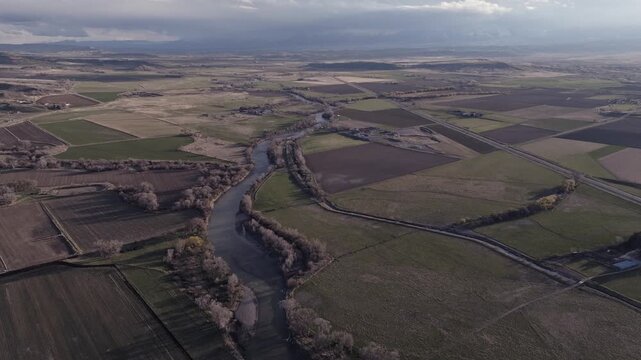 Aerial View of Agricultural Fields and Farms on the Rural Plains of Bridger, Montana