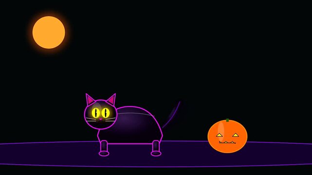 Animated black feline character interacting with glowing orange pumpkins during a dark night sequence featuring vibrant cyberpunk makeup and mystical glowing eyes for holiday themed animation