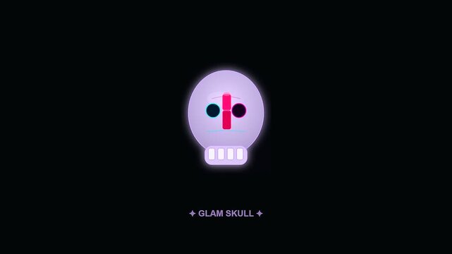 Minimalist character animation showing a glowing skull face with changing expressions and cyberpunk makeup features during a stylized halloween celebration sequence set against dark black voids