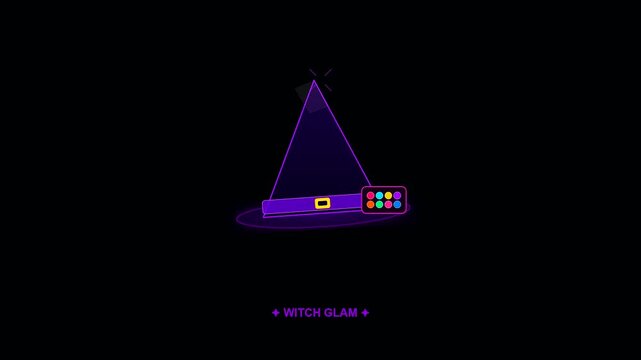 Neon witch hat illustration featuring vibrant cyberpunk makeup palette transition with glowing aesthetic elements perfect for festive holiday designs and creative digital motion graphic projects
