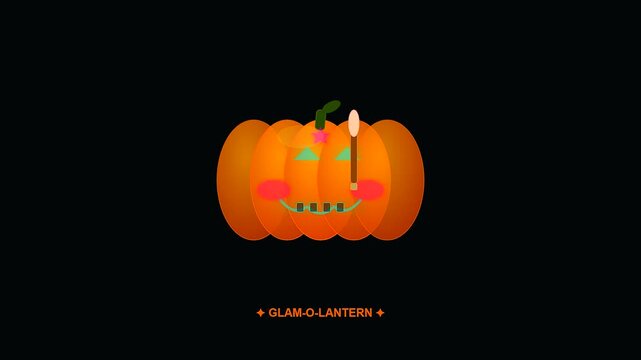 Animated orange pumpkin character applying glowing cyberpunk makeup in a playful sequence with brushes and blush showing creative artistic expression for festive seasonal digital media projects