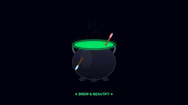Animated cauldron illustration displaying vibrant cyberpunk makeup tools floating around a bubbling magical pot during a whimsical halloween seasonal celebration with neon glowing green liquid effects
