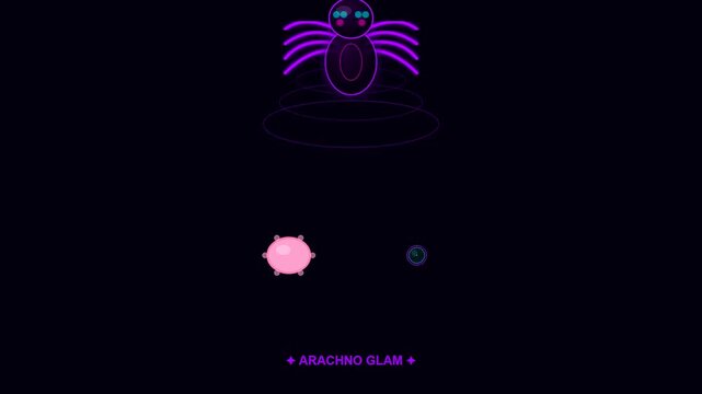 Neon purple spider animation displays halloween cyberpunk makeup artistry on a sleek dark interface featuring vibrant glowing graphic elements and seamless digital loop motion graphics sequence