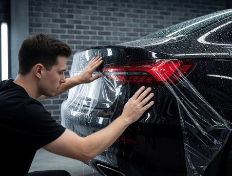 Car detailing specialist installs protective film on car tail light. Expert smooths transparent PPF wrap for car paint protection against chips scratches. Vehicle styling.