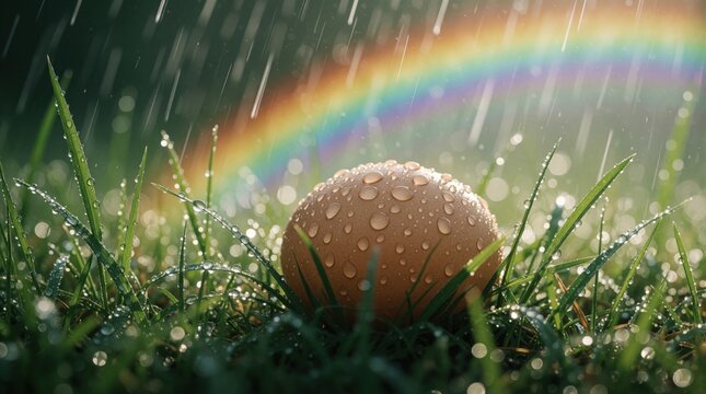 Egg on wet grass with rain drops and rainbow background. Sunlight illuminates water droplets on shell and green blades. Nature scene offers hope after storm.